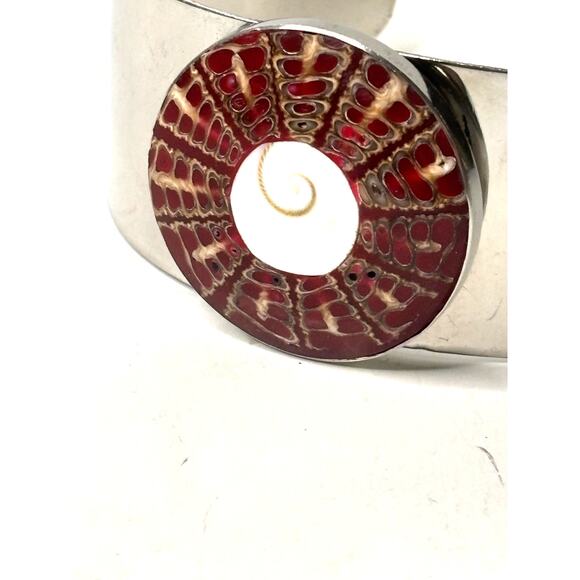 Stainless Steel Cuff Bracelet with Round Red and White Shell Inlay Artsy Boho - Picture 3 of 5